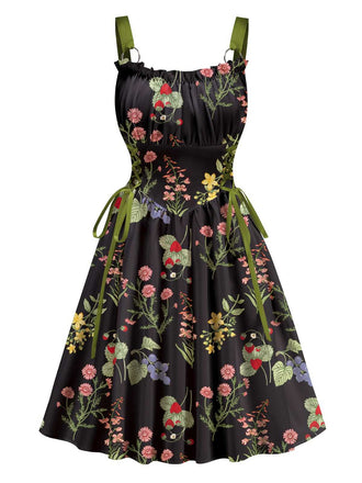 She slips into this 1950s Strap Floral Lace-Up Corset Dress and suddenly it's a 1950s daydream