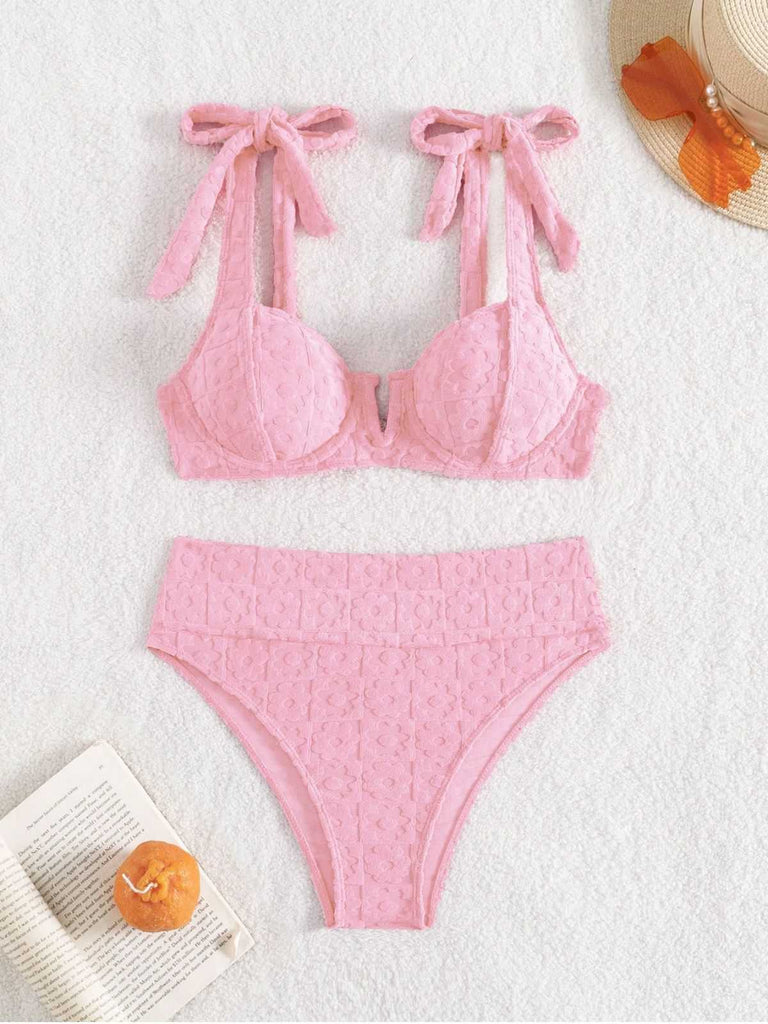 1950s Strap Floral Textured Solid Bikini Set - vintage fashion, retro style, elegant red