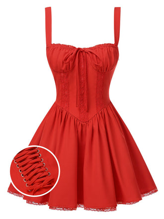 She slips into this 1950s Strap Lace-Up Corset Mini Dress and suddenly it's a 1950s daydream
