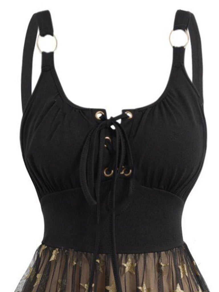 1950s Strap Mesh Stars Lace-Up Dress