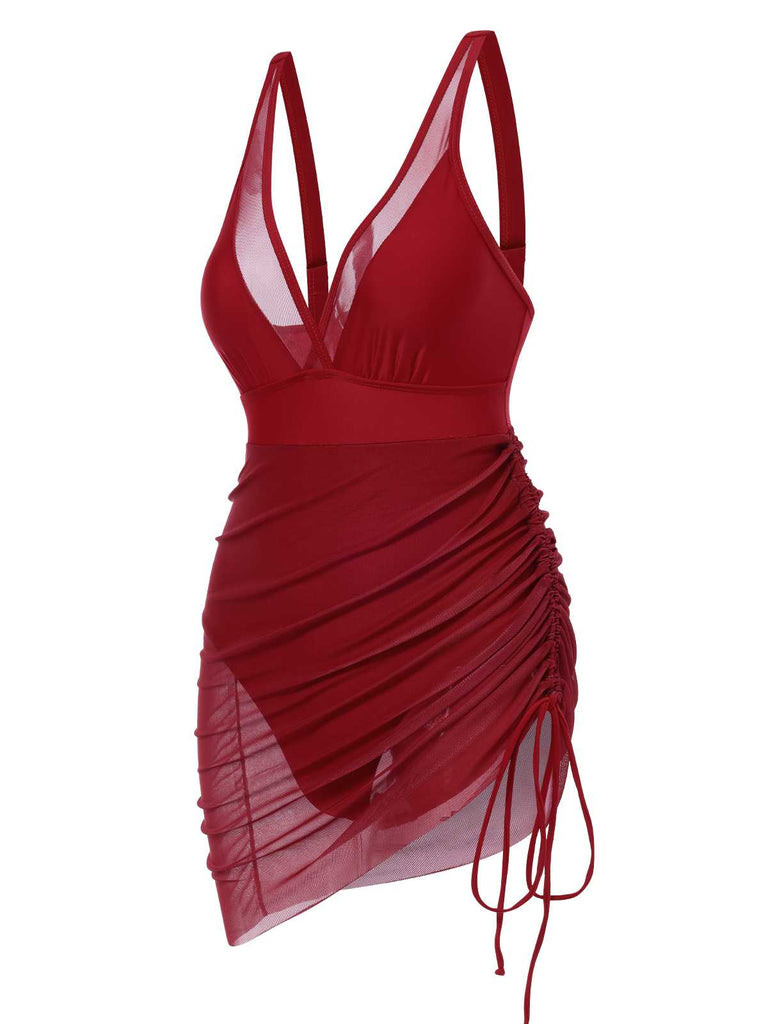 1950s Strap Sheer Mesh Solid One-Piece Swimsuit: 1950s Riviera elegance, reimagined for her