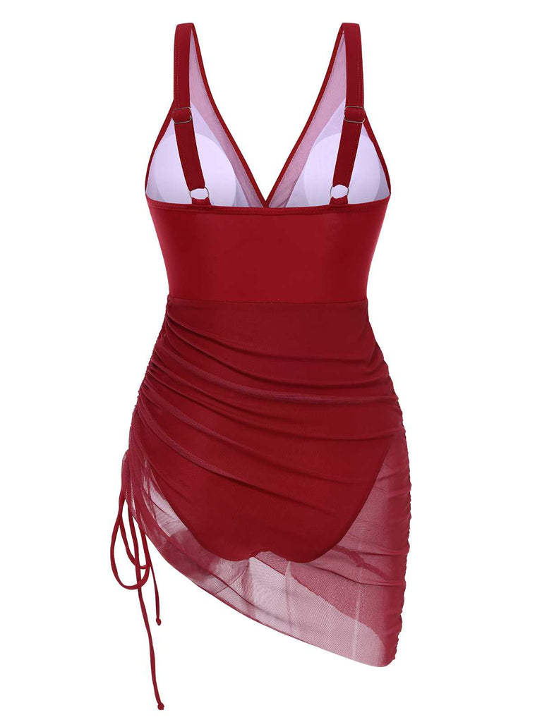 This 1950s Strap Sheer Mesh Solid One-Piece Swimsuit carries 1950s vacation dreams in every stitch