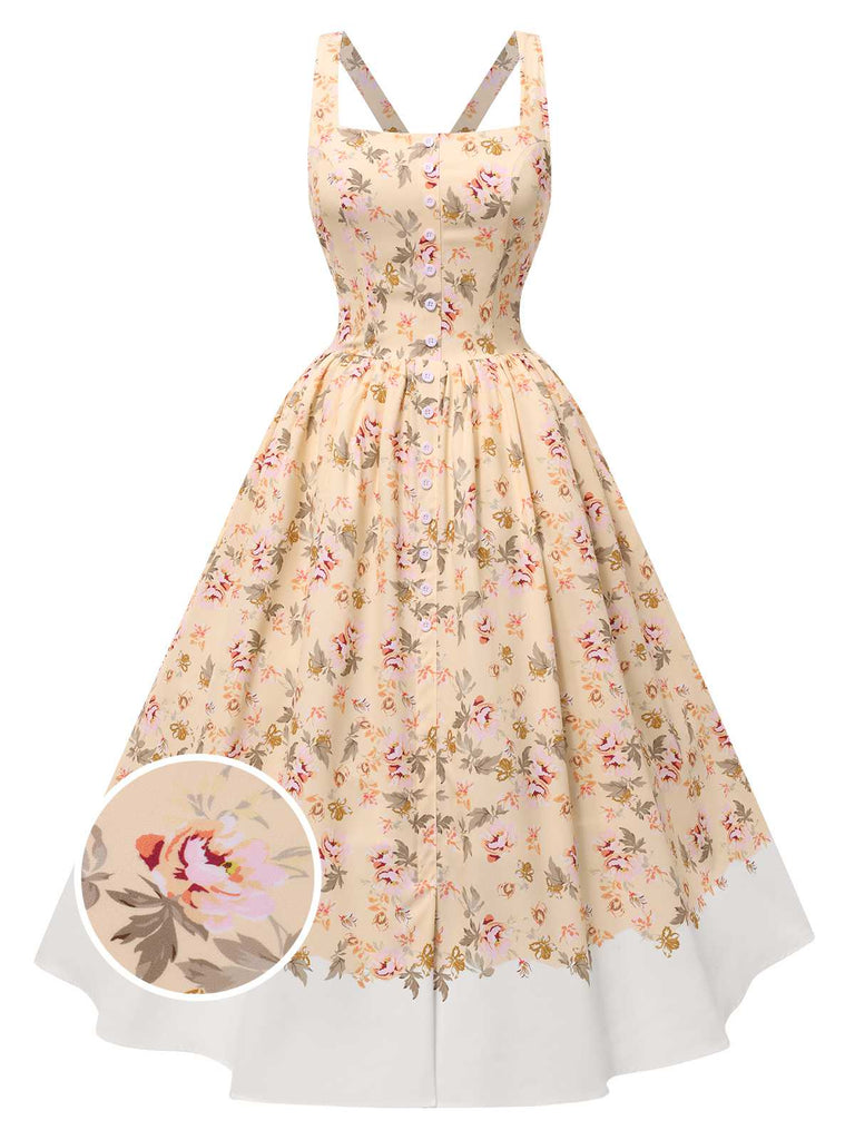 She slips into this 1950s Strap Square Neck Corset Floral Dress and suddenly it's a 1950s daydream