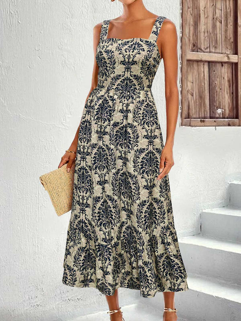 She slips into this 1950s Strap Square-Neck Tie-Back Floral Dress and suddenly it's a 1950s daydream