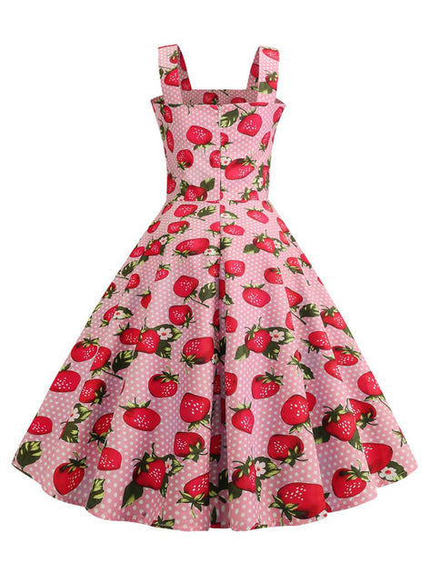 Retro Stage 1950s Strap Strawberry Polka Dots Sleeveless Dress Pink