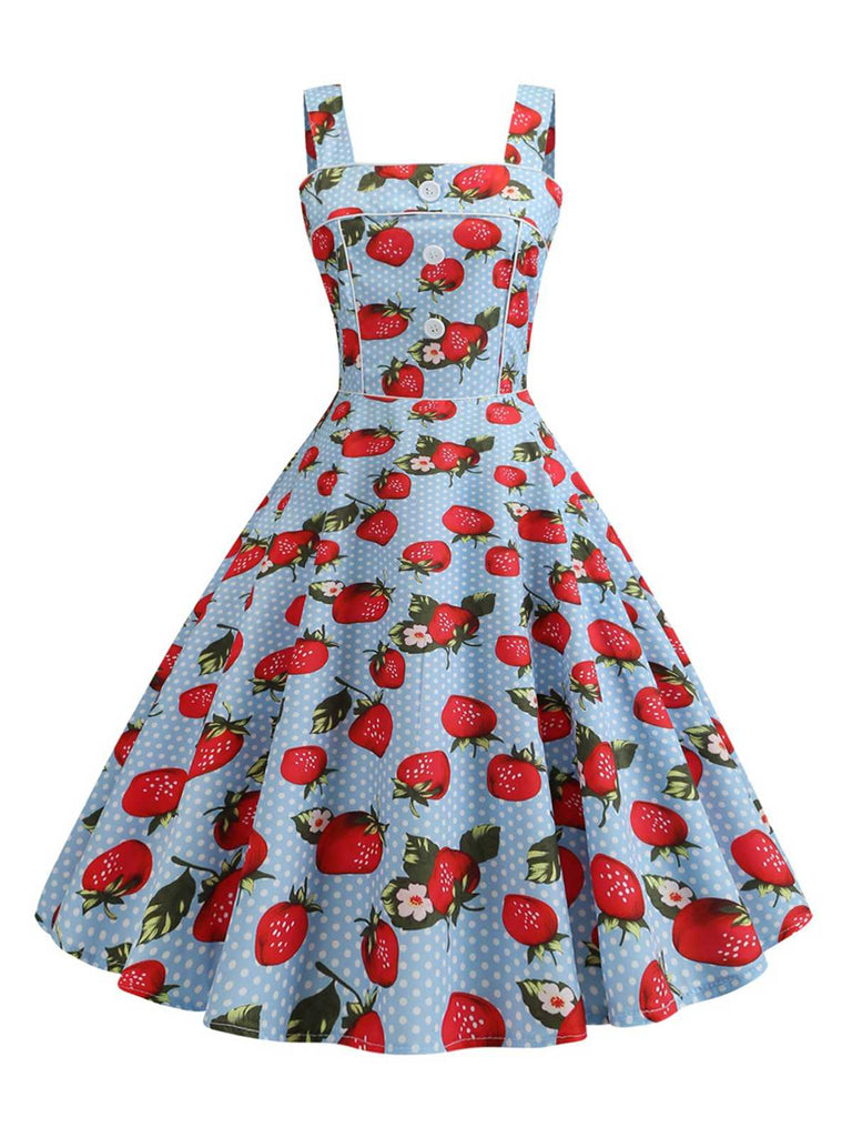 Strawbarries Printed Blue Sleeveless 1950s Dress Pink / S