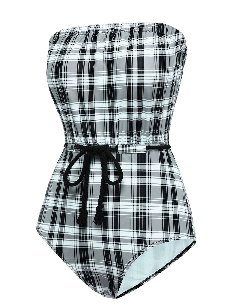 1950s Strapless Plaids One-Piece Swimsuit: 1950s Riviera elegance, reimagined for her