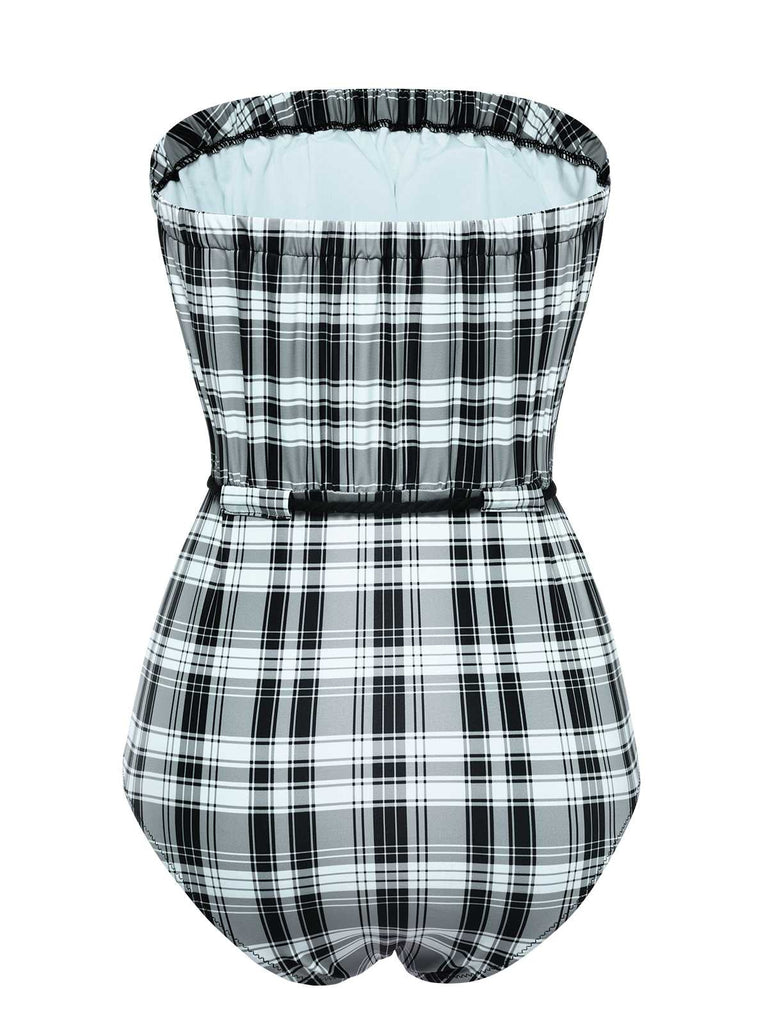 This 1950s Strapless Plaids One-Piece Swimsuit carries 1950s vacation dreams in every stitch