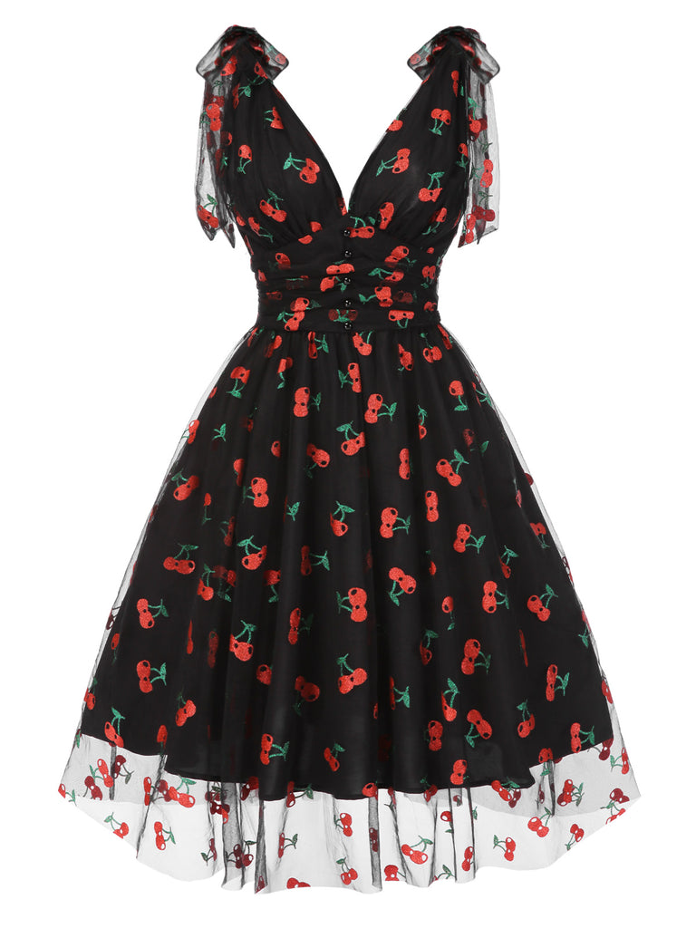 Black 1950s Cherry Mesh Swing Dress | Retro Stage Black 1950s Cherry Mesh Swing Dress | Retro Stage