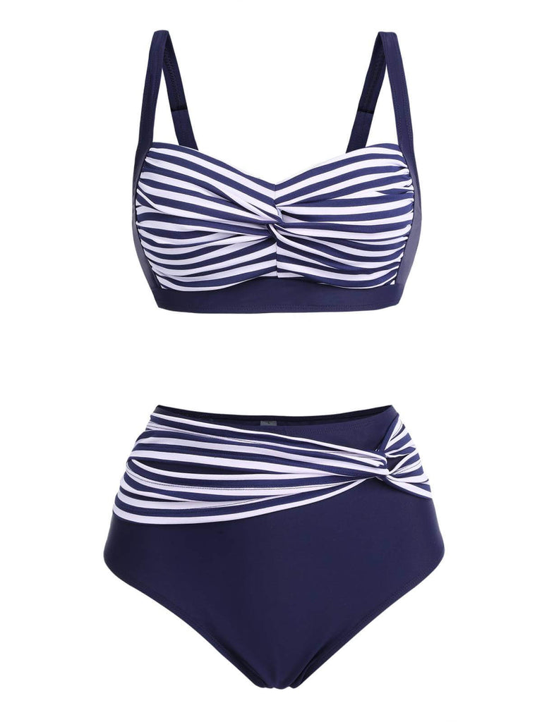 [Plus Size] 1950s Stripe Twisted Patchwork Strap Swimsuit