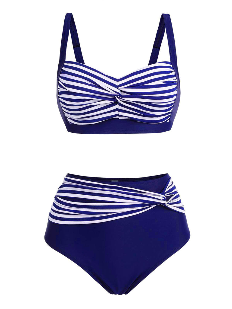 [Plus Size] 1950s Stripe Twisted Patchwork Strap Swimsuit