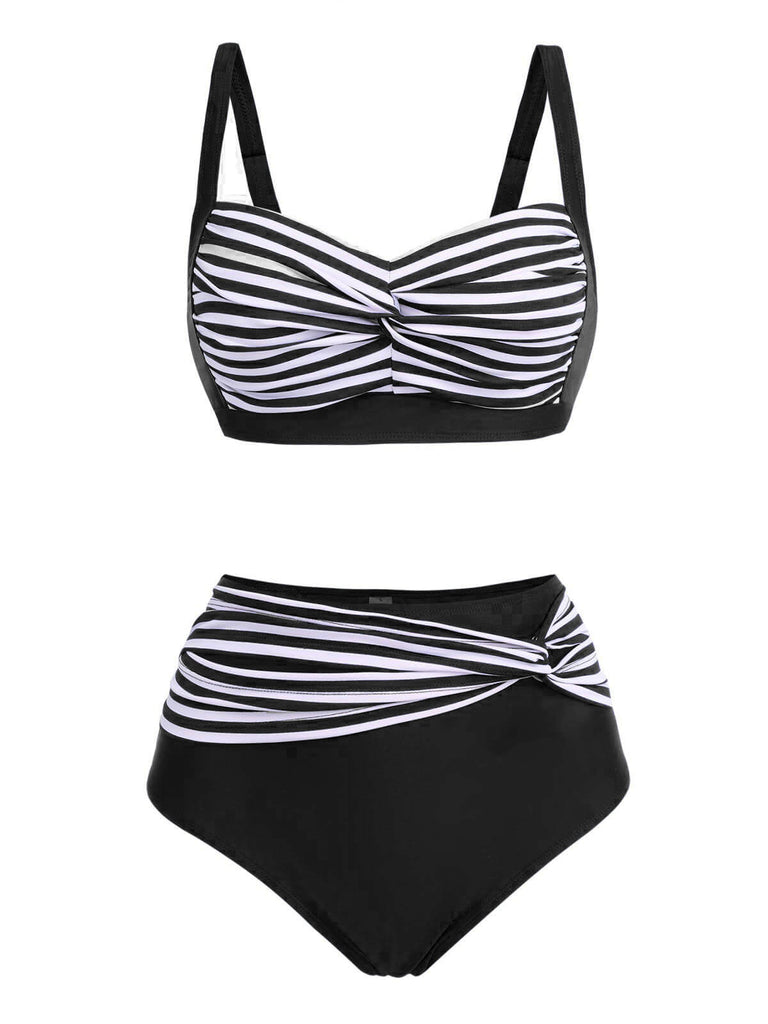 [Plus Size] 1950s Stripe Twisted Patchwork Strap Swimsuit