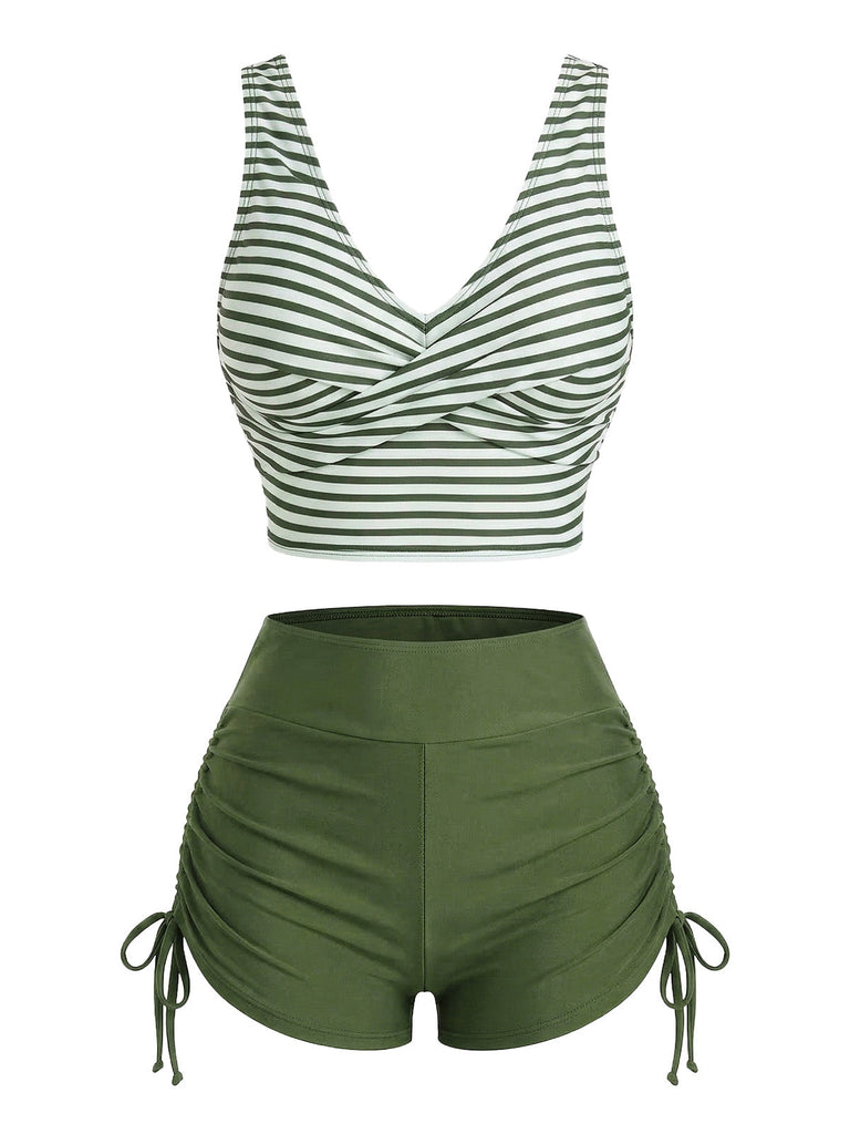 1950s Striped Cross Drawstring Tankini Set - vintage fashion, retro style