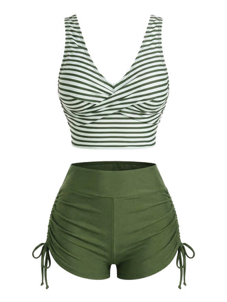 1950s Striped Cross Drawstring Tankini Set - vintage fashion, retro style
