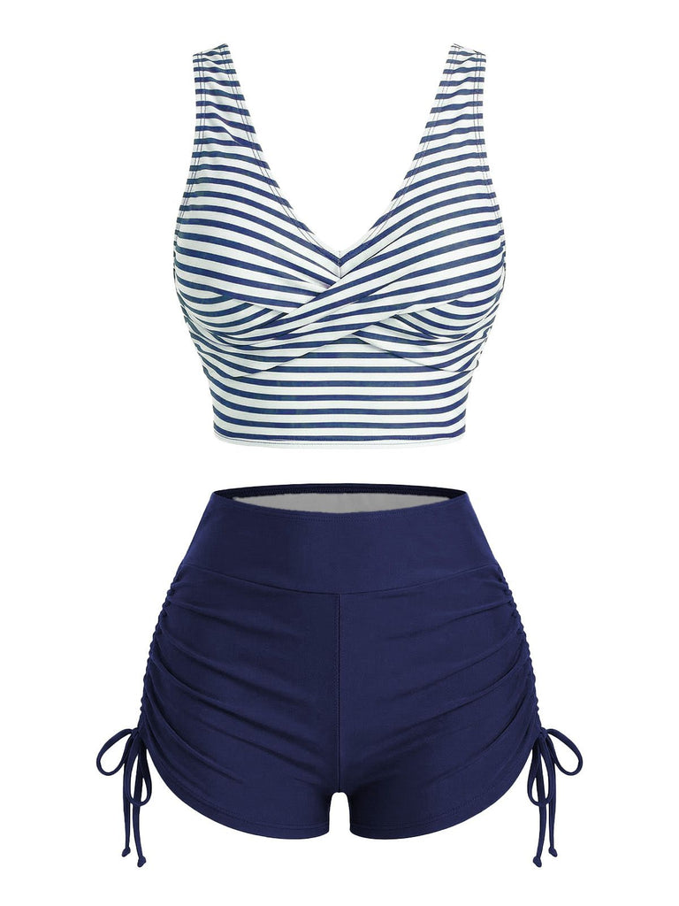 1950s Striped Cross Drawstring Tankini Set, vintage fashion, retro style - perfect for women who love vintage and retro fashion