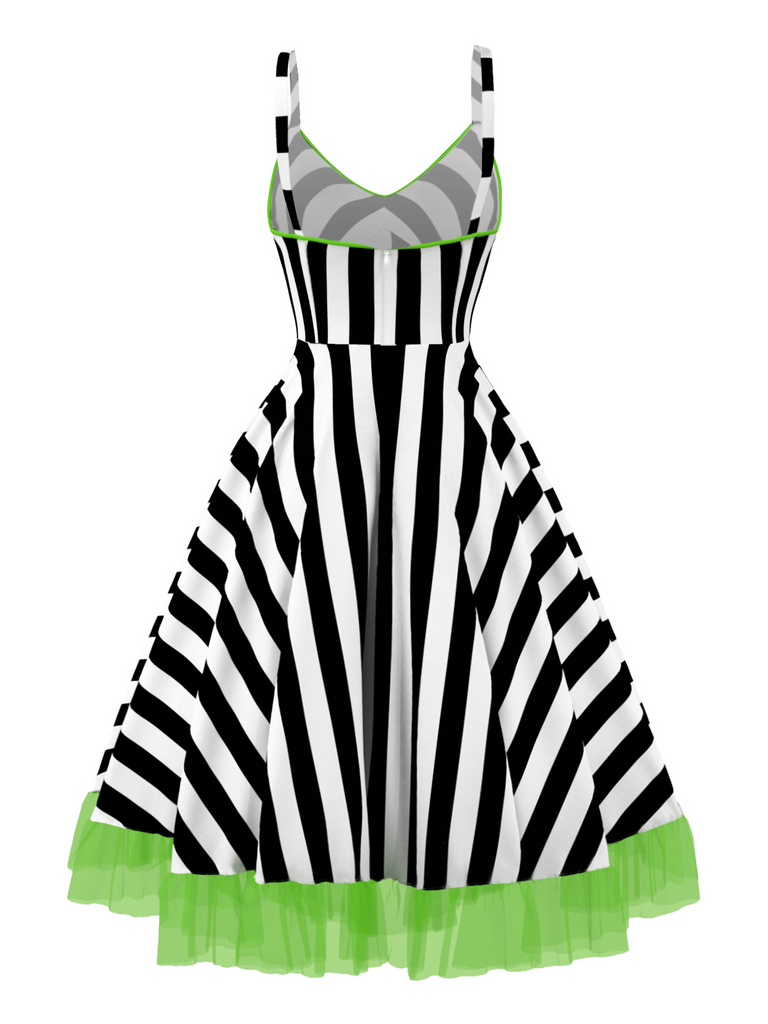 Halloween Beetle Costume A-line Black & White Striped Fluorescent Green Lace Hem Midi Dress Halloween Beetle Costume A-line Black & White Striped Fluorescent Green Lace Hem Midi Dress