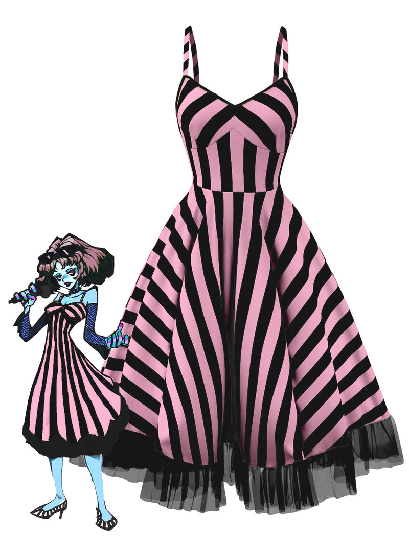 pink black and white dress Black&Pink 1950s Striped Fluorescent Lace %0D%0AYKK%20zipper%20(known%20as%20the%20most%20durable%20and%20reliable%20zippers%20manufactured%20today) color:Silver Elegant Strap V Neck styleid:bell