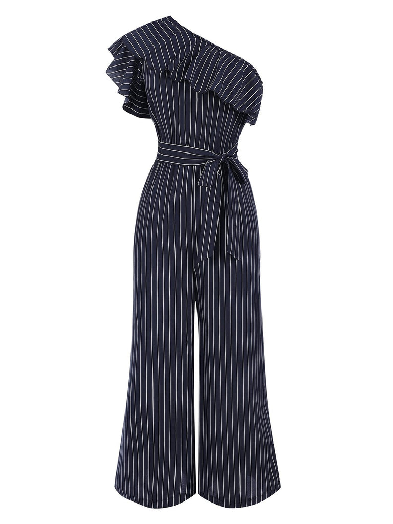 1950s Striped Slanted Shoulder Ruffle Jumpsuit, vintage romper, retro jumpsuit - perfect for women who love vintage and retro fashion