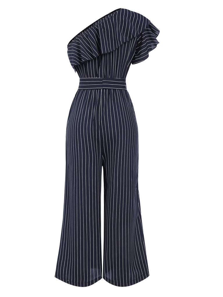 1950s Striped Slanted Shoulder Ruffle Jumpsuit, vintage romper, retro jumpsuit - perfect for women who love vintage and retro fashion