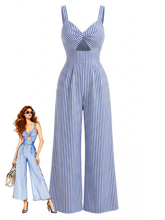 Blue 1950s Striped V-Neck Halter Hollow Jumpsuit