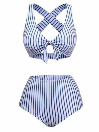 1950s Stripes Criss-Cross High-Waist Bikini Set - vintage fashion, retro style