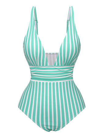 She's wearing 1950s Stripes Spaghetti Strap One-Piece Swimsuit and the whole beach remembers the 1950s