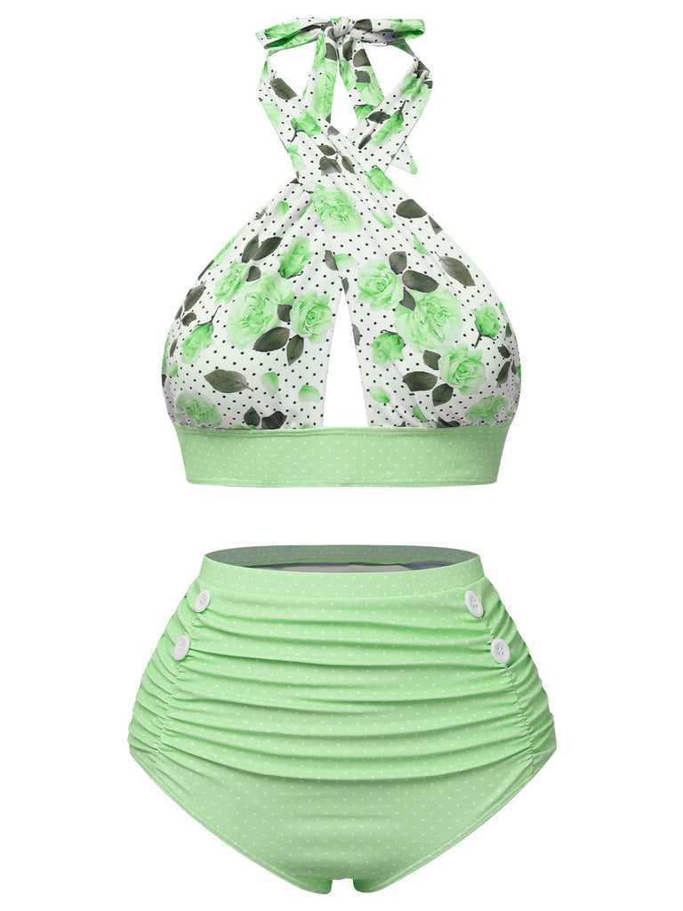 This 1950s Sunflower Cross Halter Swimsuit carries 1950s vacation dreams in every stitch