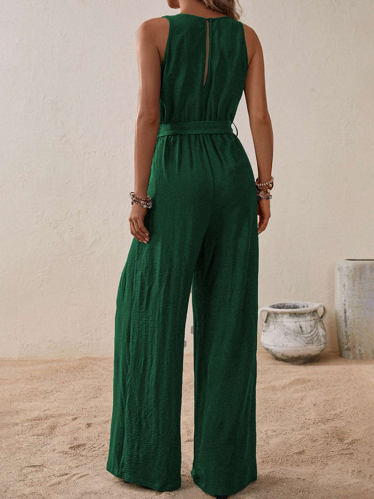 1950s Surplice V-Neck Solid Belted Jumpsuit: 1950s detail work for the woman who notices
