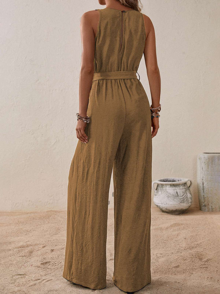 1950s Surplice V-Neck Solid Belted Jumpsuit — 1950s elegance in the palm of her hand