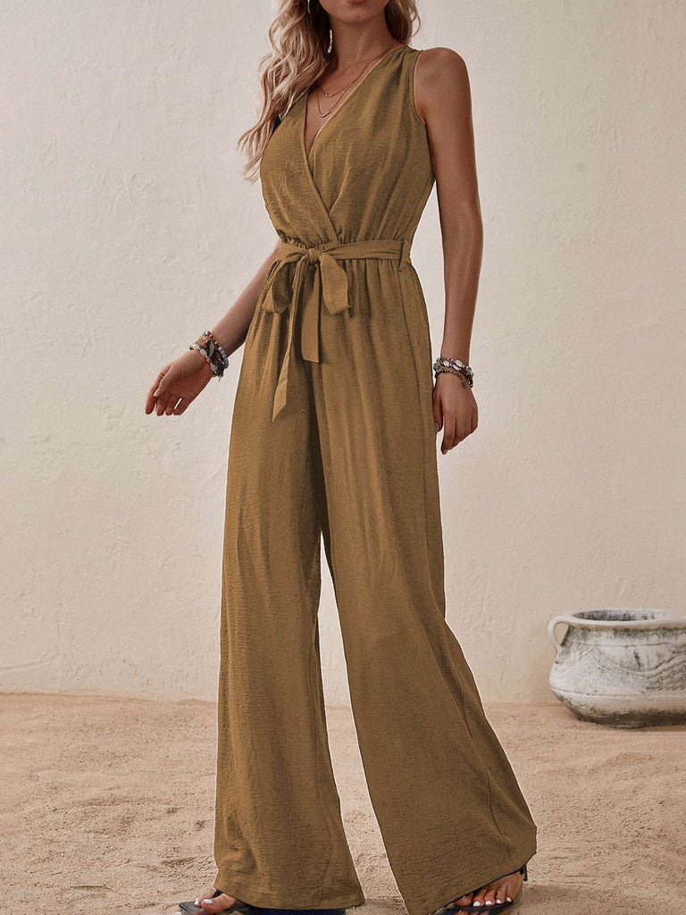 1950s Surplice V-Neck Solid Belted Jumpsuit: 1950s detail work for the woman who notices