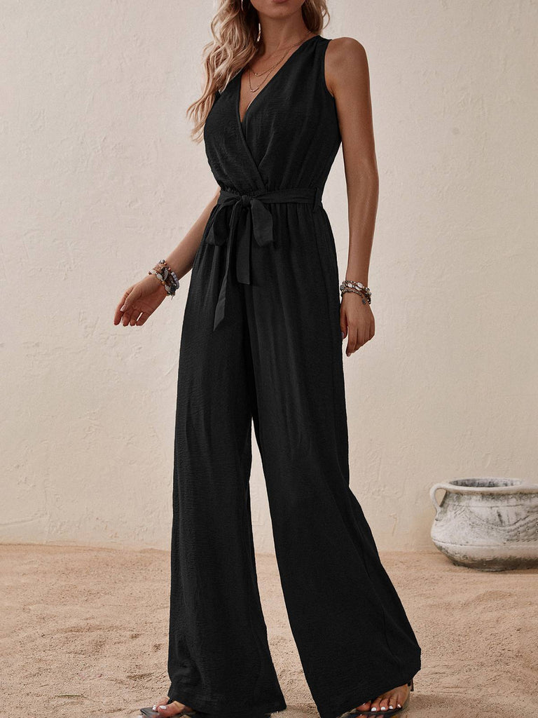 1950s Surplice V-Neck Solid Belted Jumpsuit: 1950s detail work for the woman who notices