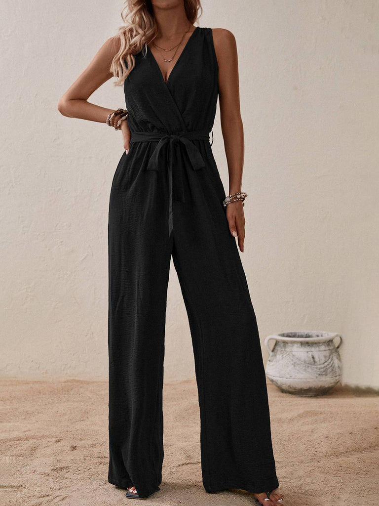 1950s Surplice V-Neck Solid Belted Jumpsuit — 1950s elegance in the palm of her hand