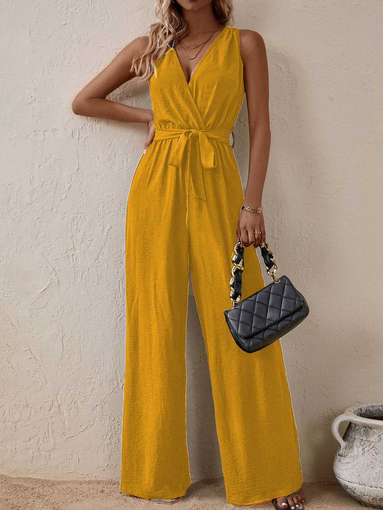 1950s Surplice V-Neck Solid Belted Jumpsuit — the 1950s finishing touch that makes her outfit sing