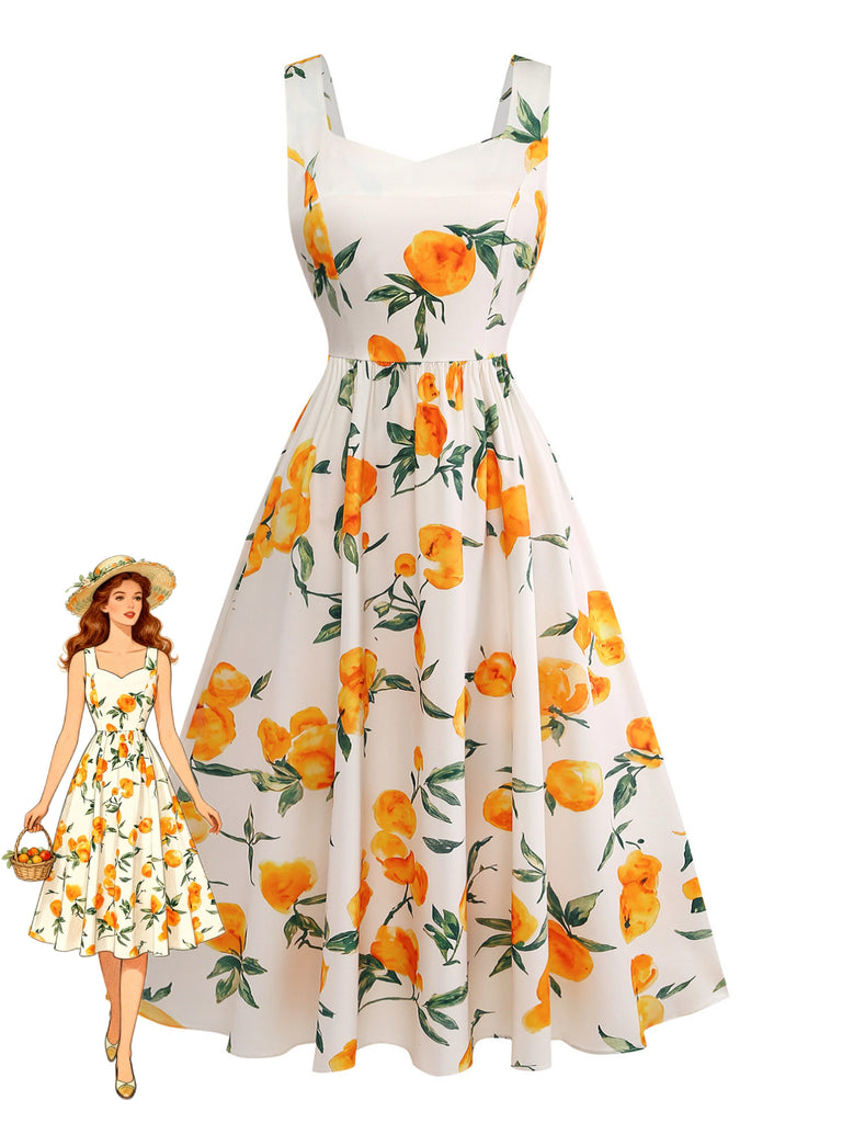 Orange 1950s Vintage Floral V Neck Dress 1