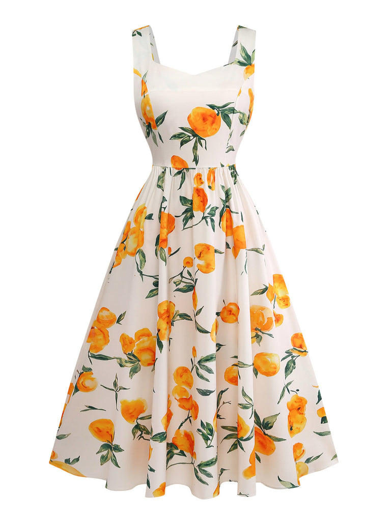 Orange 1950s Vintage Floral V Neck Dress 3