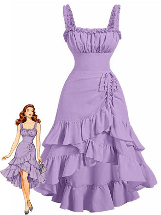 1950s Suspender Ruched Tiered Ruffle Hem Dress - vintage dress, retro fashion, rockabilly