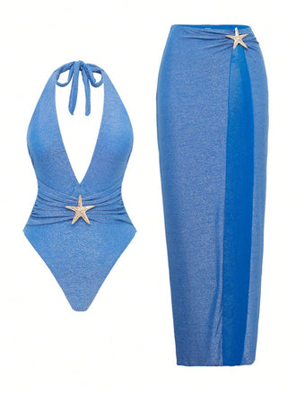 2PCS Lake Blue 1950s Star Lace-Up Halter Swimsuit & Cover-Up - vintage swimsuit, pin-up style