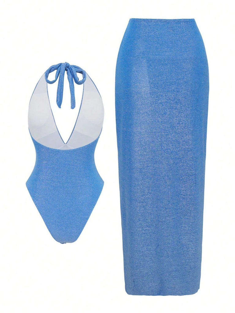 2PCS Lake Blue 1950s Star Lace-Up Halter Swimsuit & Cover-Up - vintage swimsuit, pin-up style