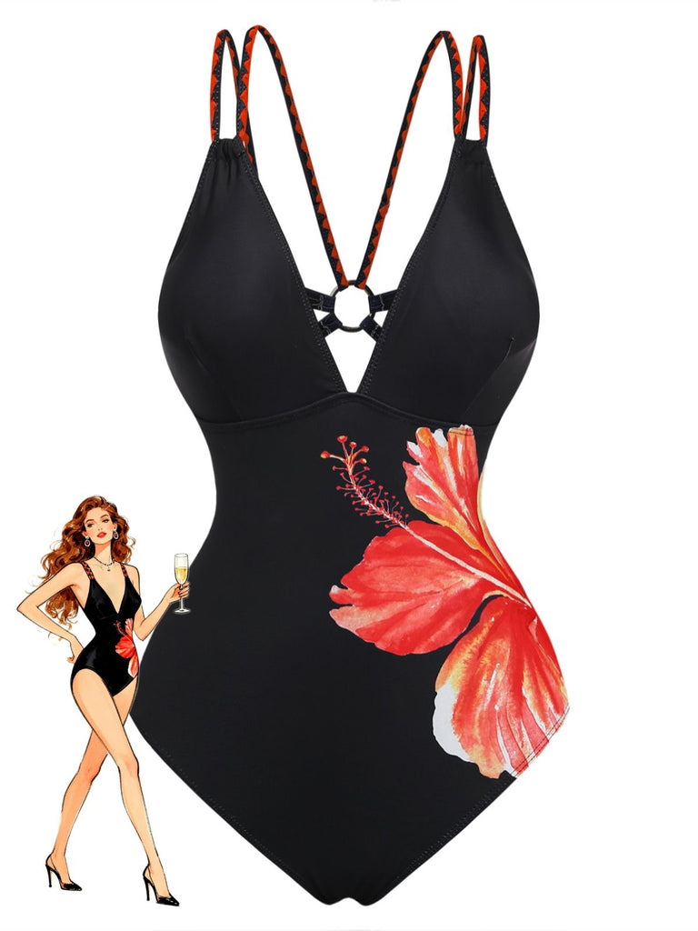 Black 1950s Floral Deep V Double Strap One-Piece Swimsuit | Retro