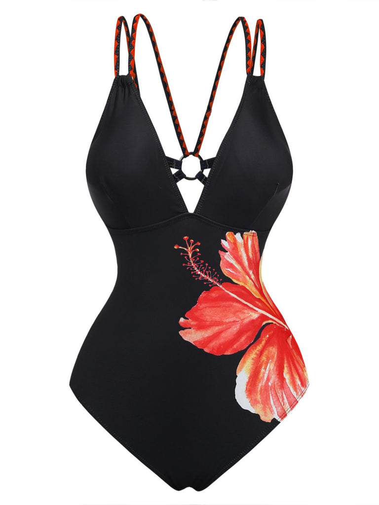 Black 1950s Floral Deep V Double Strap One-Piece Swimsuit - vintage swimsuit, pin-up style, classic black