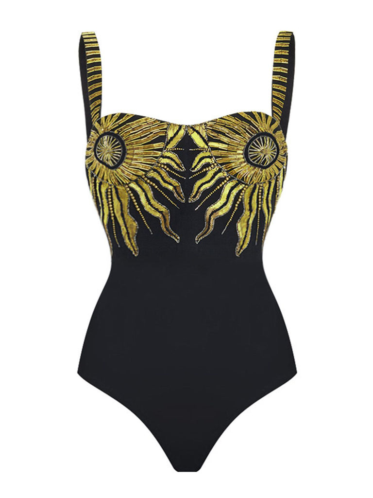 Black 1950s Sequined Sunflower Backless Swimsuit & Cover-Up - vintage swimsuit, pin-up style, classic black