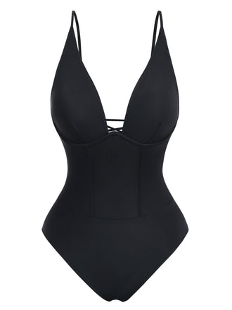 Black 1950s Solid Deep V Tummy Control One-Piece Swimsuit - vintage swimsuit, pin-up style, classic black