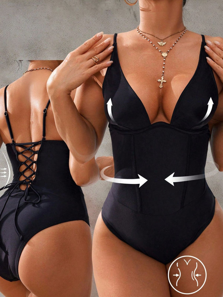 Black 1950s Solid Deep V Tummy Control One-Piece Swimsuit - vintage swimsuit, pin-up style, classic black