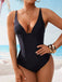 Black 1950s Solid Deep V Tummy Control One-Piece Swimsuit - vintage swimsuit, pin-up style, classic black