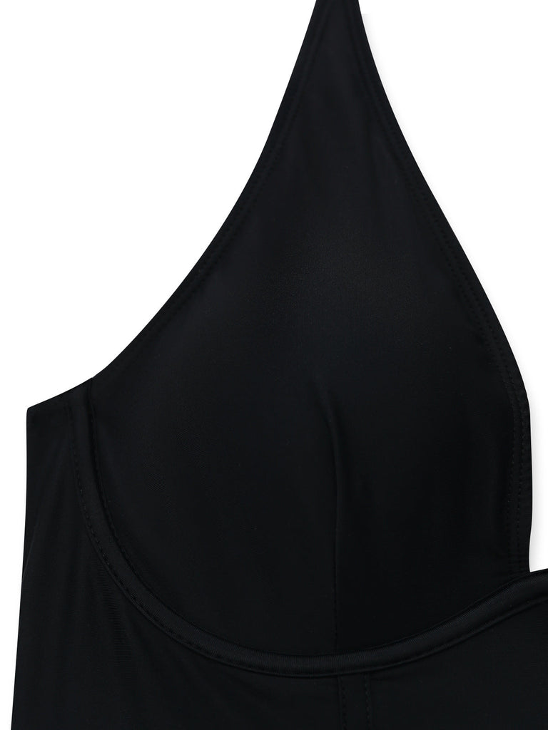 Black 1950s Solid Deep V Tummy Control One-Piece Swimsuit - vintage swimsuit, pin-up style, classic black