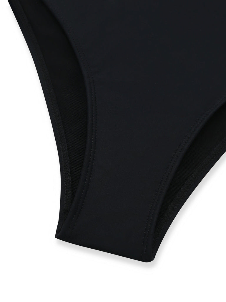 Black 1950s Solid Deep V Tummy Control One-Piece Swimsuit - vintage swimsuit, pin-up style, classic black