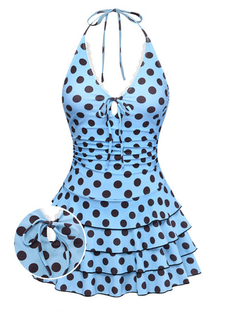 Light Blue 1950s Floral Polka Dot Lace Halter One Piece Swimsuit - vintage swimsuit, pin-up style