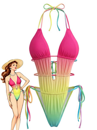 Multicolor 1950s Ruched Gradient Beach One-Piece Swimsuit - vintage swimsuit, pin-up style