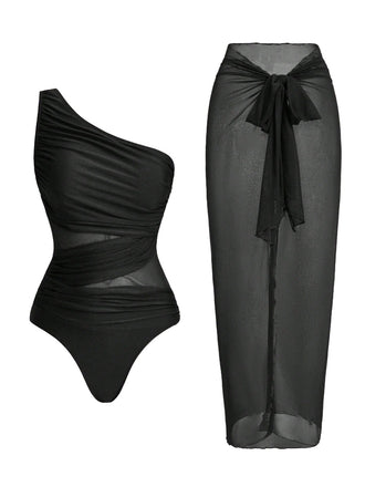 1950s One-Shoulder Ruched Tummy Control One-Piece Swimsuit & Cover-Up - vintage swimsuit, pin-up style