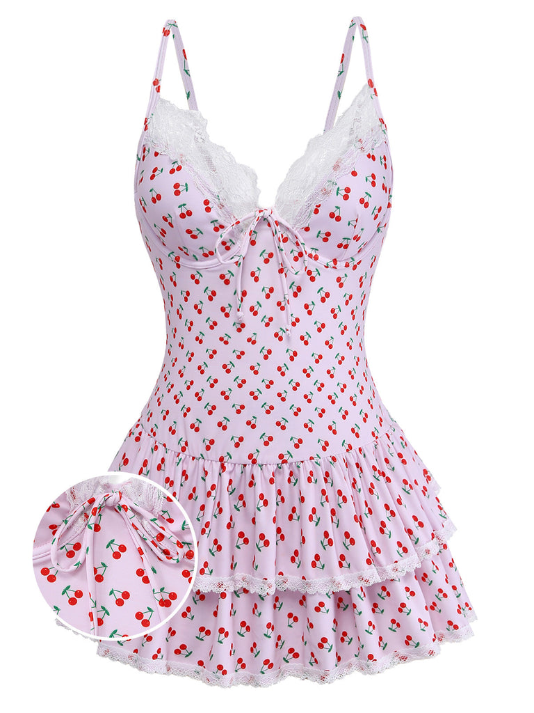 [Pre-Sale] Pink 1940s Cherry Print Lace Trim One-Piece Swimsuit - vintage swimsuit, pin-up swimwear for vintage lovers